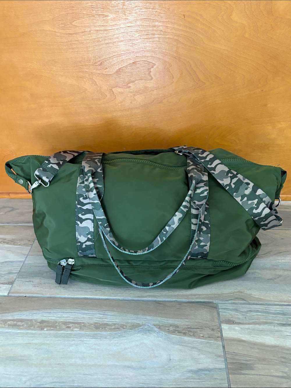 Olive Green Nylon Travel Weekender with Camo Accent Straps